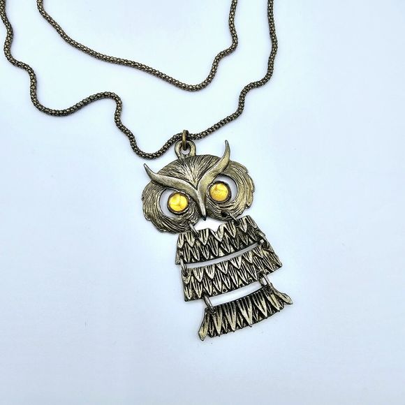 Owl Necklace Vintage Dangle Yellow Lucite Cabochon Articulated Gold Tone Bird - Picture 6 of 10